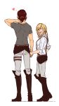 2girls blonde_hair blush boots brown_hair christa_renz closed_eyes from_behind height_difference holding_hands knee_boots multiple_girls older pants shingeki_no_kyojin shirt short_hair short_ponytail sleeves_rolled_up smile suspenders t-shirt tall ymir_(shingeki_no_kyojin) yuri z-end 