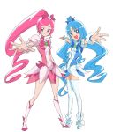  2girls :d absurdres blue_eyes blue_hair boots bow choker cure_blossom cure_marine female hair_bow hair_ornament hairpin hanasaki_tsubomi heartcatch_precure! highres knee_boots kurumi_erika long_hair magical_girl makacoon multiple_girls open_mouth outstretched_arms pink_eyes pink_hair ponytail precure ribbon shoes skirt smile spread_arms thigh-highs white_background white_legwear wrist_cuffs 