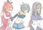  3girls :p akemi_homura arm_grab armband black_hair blue_eyes blue_hair cape clenched_teeth gloves leaf leaf_on_head long_hair magical_girl mahou_shoujo_madoka_magica miki_sayaka multiple_girls ponytail red_eyes redhead sakura_kyouko sanbon short_hair tongue tongue_out twig violet_eyes 