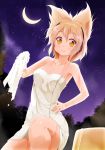  1girl bare_shoulders blonde_hair collarbone highres looking_at_viewer naked_towel night porurin_(do-desho) sky smile solo star_(sky) starry_sky touhou towel toyosatomimi_no_miko wet yellow_eyes 