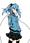  1girl absurdres arms_behind_back black_skirt blue_eyes blue_hair ene_(kagerou_project) hair_over_one_eye headphone_cords headphones highres kagerou_project matsukei skirt smile solo striped_sleeves thighhighs track_jacket twintails zettai_ryouiki zipper 