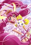  1girl :d absurdres brooch candy_(smile_precure!) crown cure_happy dress earrings female hair_ornament highres hoshizora_miyuki jewelry long_hair looking_at_viewer magical_girl mascot official_art open_mouth pink_eyes pink_hair precure princess_form_(smile_precure!) smile smile_precure! twintails very_long_hair white_dress 