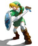  blonde_hair blue_eyes earrings gloves hat jewelry link mumilove nintendo ocarina_of_time pointy_ears shield simple_background sword the_legend_of_zelda weapon 