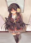  1girl black_hair door furui_suguri highres kurugaya_yuiko little_busters!! long_hair perspective ribbon school_uniform thighhighs violet_eyes 