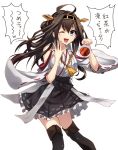  1girl ahoge bare_shoulders black_legwear blue_eyes brown_hair cup hairband kantai_collection nontraditional_miko open_mouth skirt smile solo suisen tea thigh-highs translation_request wink 