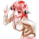  1girl breasts cleavage commentary_request head_wings hideki_(itsuki_xx) highres koakuma large_breasts leaning_forward long_hair naked_sweater pointing pointing_up red_eyes redhead sweater touhou unzipped 