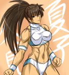  1girl armband breasts brown_eyes brown_hair clenched_hands long_hair muscle navel original ponytail solo swimsuit tankini taroimo_(00120014) toned wrestling_outfit wristband 