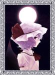  1girl ascot blouse clouds frame full_moon hat hat_ribbon kanitama_(putyourhead) light_smile looking_at_viewer mob_cap moon night night_sky profile puffy_short_sleeves puffy_sleeves red_eyes remilia_scarlet ribbon short_hair short_sleeves side_glance simple_background sky solo touhou 