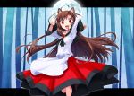  1girl animal_ears bamboo bamboo_forest brooch brown_hair dress fang forest imaizumi_kagerou jewelry letterboxed long_hair long_sleeves nature open_mouth red_eyes smile solo tail touhou wide_sleeves wolf_ears wolf_tail 