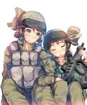  2girls blue_eyes brown_hair closed_eyes daito gun helmet multiple_girls original sleeping tavor_tar-21 weapon 