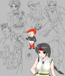  black_hair braid breasts chibi collage daimon_gorou dougi flower headband joe_higashi king_(snk) king_of_fighters large_breasts leona_heidern long_hair muscle okyou rose salute sash shen_woo shirtless single_braid sketch sleeveless solo_focus yagami_iori yuri_sakazaki 