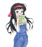  1girl black_hair blue_eyes character_request copyright_request glasses hairband magazine overalls tsukasa_0913 