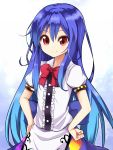  1girl amano_kouki blue_hair bow clenched_hand hands_on_hips hinanawi_tenshi long_hair no_hat red_eyes smile solo touhou 