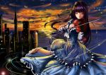  1girl absurdres breasts cityscape cleavage closed_eyes dress evening gloves highres instrument kinven long_hair playing_instrument purple_hair solo star_(sky) violin white_gloves 