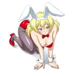  1girl all_fours animal_ears blonde_hair blue_eyes bowtie breasts bunny_tail bunnysuit cleavage detached_collar long_hair miniskirt_pirates pantyhose r44 rabbit_ears sasha_staple tail wrist_cuffs 