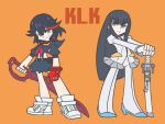  2girls black_hair blue_eyes gloves kill_la_kill kiryuuin_satsuki long_hair matoi_ryuuko multicolored_hair multiple_girls oniyan panty_&amp;_stocking_with_garterbelt parody senketsu smile style_parody sword weapon 