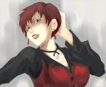  1girl breasts brown_eyes brown_hair bust earrings jewelry king_of_fighters lipstick makeup ogawa_shuusuke parted_lips ribbon_choker short_hair solo vice waistcoat 