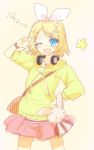  1girl ;d akahito aqua_eyes bag blonde_hair casual hair_ornament hair_ribbon hairclip handbag headphones headphones_around_neck hoodie kagamine_rin open_mouth ribbon short_hair sketch skirt smile solo v_over_eye vocaloid wink 