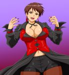  1girl breasts brown_eyes brown_hair cleavage earrings fingernails highres jewelry king_of_fighters large_breasts lipstick long_coat makani_kohitujito makeup nail_polish navel no_bra open_mouth pantyhose purple_background ribbon_choker sharp_fingernails short_hair shorts solo vice waistcoat 