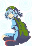  1girl backpack bag black_legwear blue_eyes blue_hair blue_shirt breasts green_hat hair_bobbles hair_ornament hat highres kawashiro_nitori looking_at_viewer matsukei open_mouth red_shoes shoes slit_pupils socks solo touhou twintails 