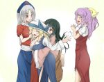  4girls ^_^ arm_around_neck arm_up barefoot black_hair blonde_hair blush breasts closed_eyes dress grin hair_ribbon hand_in_hair hand_on_another&#039;s_chest hat hat_ribbon houraisan_kaguya hug hug_from_behind lavender_hair leg_up long_hair looking_at_another multiple_girls nurse_cap open_mouth ponytail puffy_short_sleeves puffy_sleeves red_eyes ribbon sash shamisen_(syami_sen) short_sleeves silver_hair simple_background smile touhou very_long_hair watatsuki_no_toyohime watatsuki_no_yorihime white_background yagokoro_eirin 