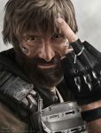  1boy armor beard black_eyes body_hair brown_hair c._m._kruger cyberpunk cyborg elysium_(film) facial_hair fingerless_gloves gloves insult looking_at_viewer manly middle_finger realistic science_fiction signature soldier vest 