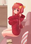  1girl blush breasts hsuliherng large_breasts long_hair looking_at_viewer naked_hoodie original red_eyes redhead sitting smile solo twintails 