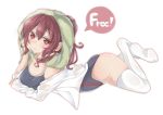  1girl competition_swimsuit free! gakincho long_hair matsuoka_gou on_stomach one-piece_swimsuit parka ponytail red_eyes redhead swimsuit thighhighs 