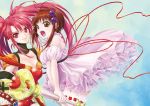  2girls :o ahoge brown_eyes brown_hair dress jako_(toyprn) long_hair multiple_girls nanaly_fletch pink_dress reala red_eyes redhead short_hair smile tales_of_(series) tales_of_destiny_2 twintails wand 