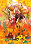  2girls aki_minoriko aki_shizuha apron autumn_leaves blonde_hair breasts closed_eyes dress dress_shirt fan folding_fan food fruit grapes hair_ornament hat highres leaf long_sleeves multiple_girls nekoita red_eyes shirt short_hair siblings sisters smile touhou tree 