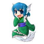  1girl blue_eyes blue_hair fish_tail mermaid monster_girl open_mouth short_hair smile touhou wakasagihime wool_(miwol) 