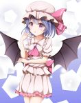  1girl :o arm_up ascot bat_wings blue_hair brooch elbow_rest gradient gradient_background hat hat_ribbon jewelry kuroganeruto lavender_eyes looking_at_viewer mob_cap remilia_scarlet ribbon short_hair skirt skirt_set solo touhou wings 