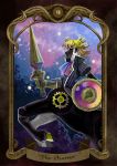  androgynous blonde_hair card centaur clockwork cravat crown dark_skin gears gloves high_collar kotetsu_(popeethe) lance machine night original polearm profile shield tailcoat tarot violet_eyes weapon 