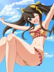  1girl bikini brown_hair fang green_eyes highres huang_lingyin infinite_stratos long_hair mei_ichi outstretched_arms spread_arms swimsuit twintails 