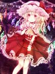  1girl ascot blonde_hair flandre_scarlet hat hat_ribbon jaku_sono laevatein lights mob_cap pink_eyes puffy_sleeves ribbon shirt short_sleeves side_ponytail skirt skirt_set smile solo touhou vest wings wrist_cuffs 