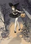  1girl brown_hair dress halloween hat indoors jack-o&#039;-lantern lantern nekosuke_(oxo) original plant railing stairs watering_can witch witch_hat 