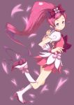 1girl :o boots cherry_blossoms cure_blossom dress earrings galaxea hair_ribbon hanasaki_tsubomi heart heartcatch_precure! highres jewelry knee_boots long_hair magical_girl petals pink_eyes pink_hair ponytail precure purple_background ribbon solo 
