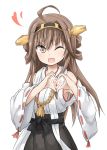  1girl brown_eyes brown_hair highres japanese_clothes kantai_collection kongou_(kantai_collection) long_hair miko personification solo ukami wink 