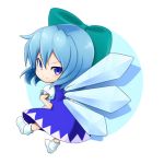  1girl blue_eyes blue_hair bow chibi cirno hair_bow hands_on_hips ice ice_wings looking_back puffy_sleeves short_hair smile socks solo tooru0908 touhou wings 