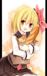  1girl baguette blonde_hair blush bread food hair_ribbon looking_at_viewer open_mouth pillarboxed red_eyes ribbon rumia short_hair solo touhou yuuhagi_(amaretto-no-natsu) 