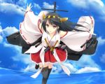  1girl bare_shoulders black_hair black_legwear blue_sky blush boots brown_eyes clouds detached_sleeves hairband haruna_(kantai_collection) japanese_clothes kantai_collection long_hair miko ocean open_mouth personification ribbon_trim skirt sky smile solo takepon thigh_boots thighhighs 