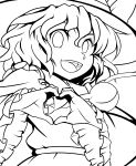  1girl :d absurdres eyes green_eyes hat heart heart_hands highres komeiji_koishi lineart looking_at_viewer monochrome open_mouth short_hair smile solo touhou wabi_(wbsk) 