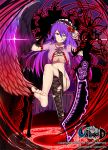  1girl blue_eyes copyright_name elbow_gloves energy_sword feet flower gloves hair_flower hair_ornament headdress heterochromia long_hair mouth_hold no_panties purple_hair ratio_(ratio-d) red_eyes rose solo sword thigh-highs thighhighs_removed torn_clothes torn_thighhighs unleashed weapon wings 