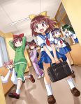  6+girls ^_^ akou_roushi arms_behind_head bag bookbag bow brown_eyes brown_hair character_request closed_eyes green_hair hair_bow hair_intakes hallway japanese_clothes jersey kimono loafers long_hair multiple_girls neckerchief open_mouth pink_eyes pink_hair purple_hair sandals school_uniform serafuku shoes short_hair skirt sleeves_past_wrists smile sneakers socks twintails violet_eyes window 