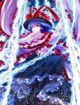 1girl black_legwear bow electricity frills hat hat_bow long_skirt nagae_iku nagare pantyhose purple_hair shawl short_hair skirt solo touhou