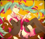  1girl copyright_name detached_sleeves floating_hair green_hair hatsune_miku long_hair nail_polish necktie paper red_eyes sitting skirt solo suguri_(bbb-2299) thighhighs twintails very_long_hair vocaloid 