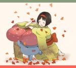  1girl ^_^ black_hair blush closed_eyes erika_(pokemon) gym_leader hairband headband holding holding_poke_ball japanese_clothes kimono laughing leaf poke_ball pokemon pokemon_(creature) pokemon_(game) pokemon_hgss short_hair ume_(plumblossom) vileplume 