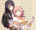  1boy 1girl :o aqua_eyes argyle argyle_background belt black_eyes black_hair cccpo couple estellise_sidos_heurassein gloves jacket long_hair pink_hair sepia_background short_hair tales_of_(series) tales_of_vesperia yuri_lowell 