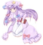 1girl book capelet coo crescent dress hair_ribbon hat hime_cut kneeling long_hair open_clothes patchouli_knowledge purple_hair ribbon simple_background solo striped striped_legwear touhou tress_ribbon very_long_hair violet_eyes white_background white_dress 