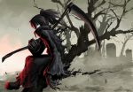  1girl boots claws cloak graveyard hetza_(hellshock) looking_at_viewer original ponytail scythe solo tombstone tree 